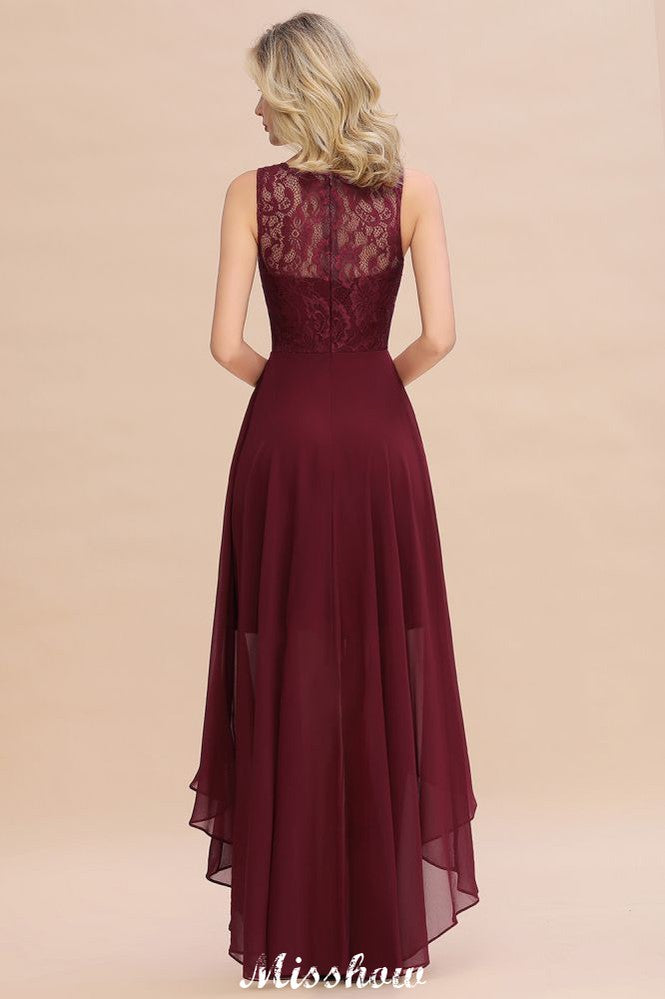 Vestido de fiesta de noche burdeos de corte alto y bajo, sin mangas, de encaje, para dama de honor
