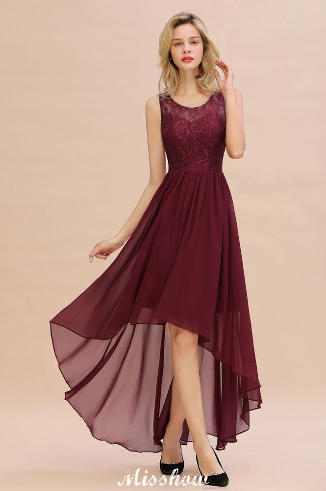 Vestido de fiesta de noche burdeos de corte alto y bajo, sin mangas, de encaje, para dama de honor