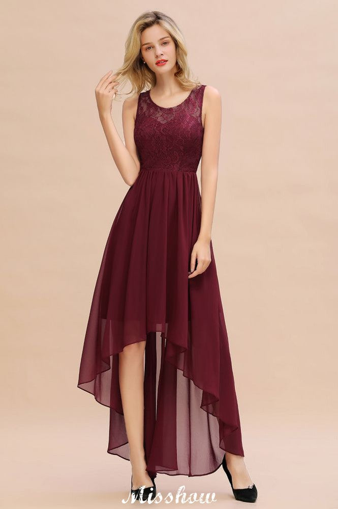 Vestido de fiesta de noche burdeos de corte alto y bajo, sin mangas, de encaje, para dama de honor