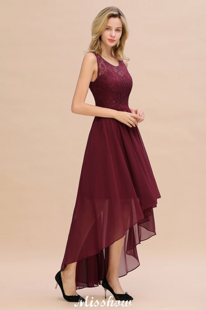 Vestido de fiesta de noche burdeos de corte alto y bajo, sin mangas, de encaje, para dama de honor