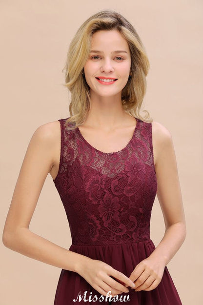 Vestido de fiesta de noche burdeos de corte alto y bajo, sin mangas, de encaje, para dama de honor