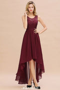 Burgunderrotes Hi-Lo Abendkleid mit ärmellosem Spitzenkleid für Brautjungfern