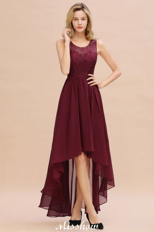 Vestido de fiesta de noche burdeos de corte alto y bajo, sin mangas, de encaje, para dama de honor