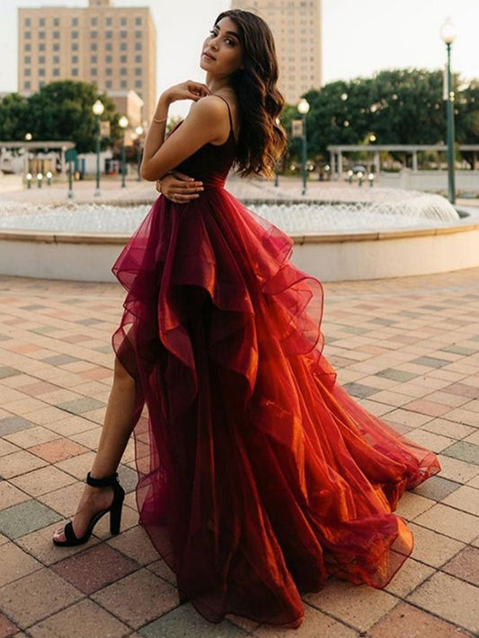 Vestidos de fiesta formales de tul con escote en A, corte en A, color burdeos