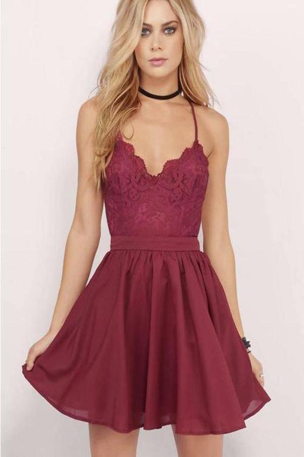Burgunderrotes Homecoming-Kleid mit Spaghettiträgern, A-Linie, Spitze, kurzes Ballkleid PD356