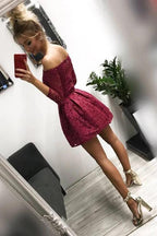 Vestidos de fiesta de bienvenida con encaje burdeos, hombros descubiertos y mangas largas PD338