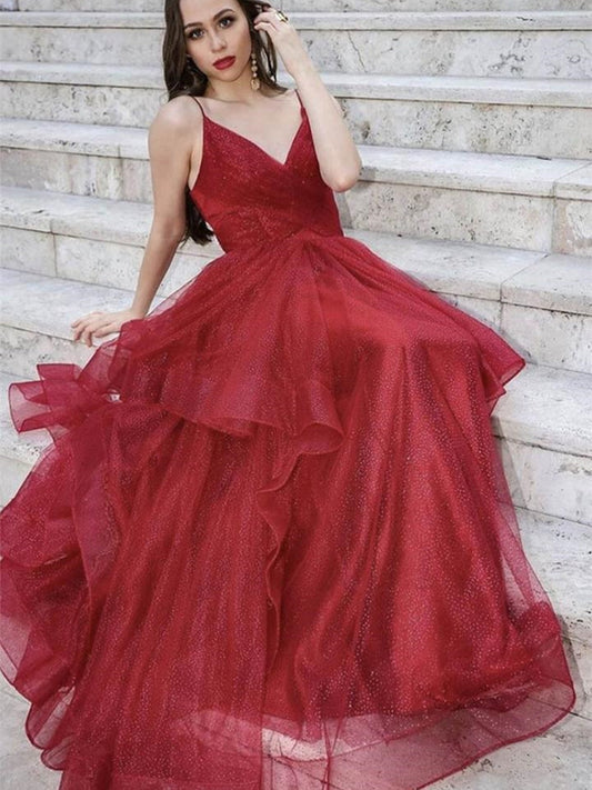Vestidos de graduación de tul brillante con escote en V y corte A en color burdeos