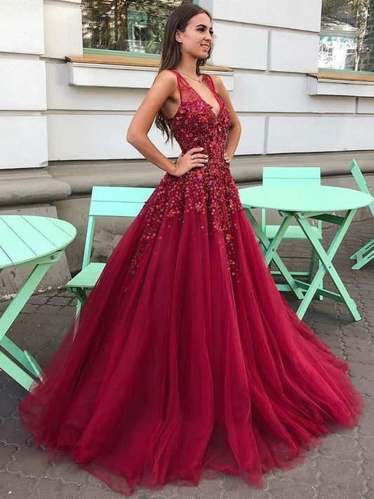 Vestido largo burdeos de corte A con escote en V, tul, encaje floral, para noche formal, graduación y baile de graduación.