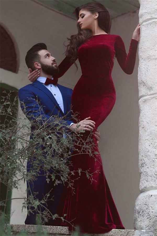 Vestido formal de fiesta de terciopelo con escote sirena, largo burdeos, sin espalda y mangas
