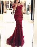 Vestidos de fiesta de tul con encaje y cuentas, estilo sirena, color burdeos, hombros descubiertos