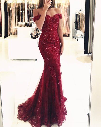 Vestidos de fiesta de tul con encaje y cuentas, estilo sirena, color burdeos, hombros descubiertos