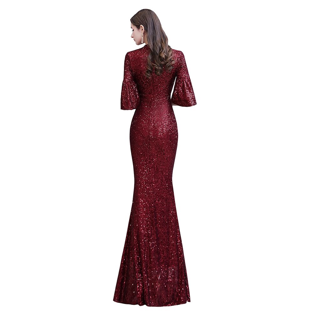 Burgunderrotes, kurzärmliges, langes Ballkleid mit Pailletten