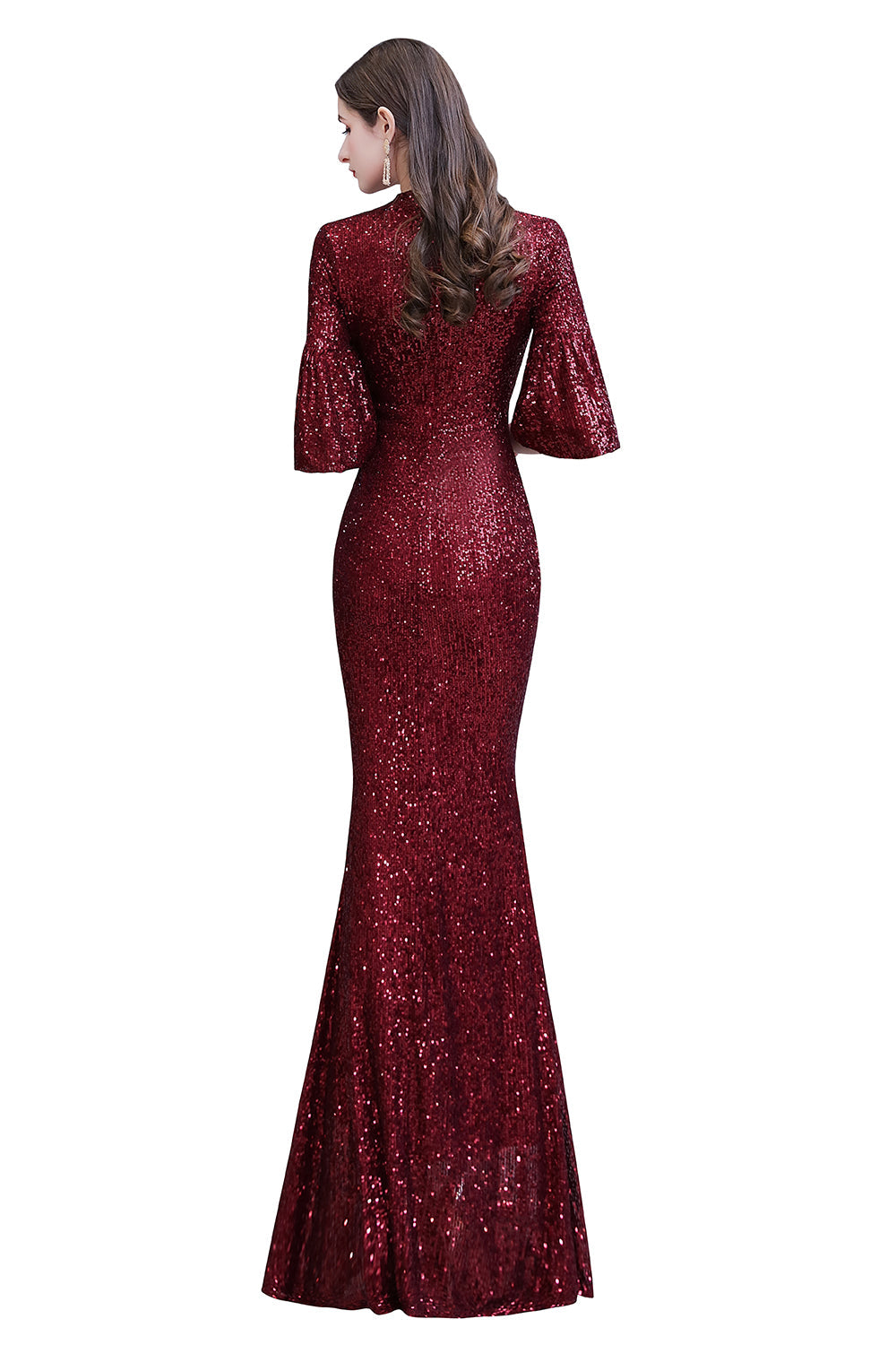 Burgunderrotes, kurzärmliges, langes Ballkleid mit Pailletten