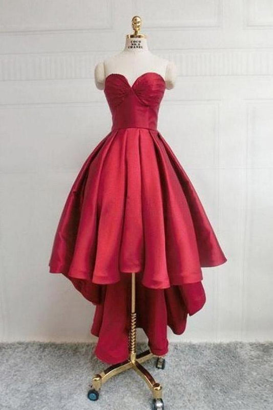 Vestido de fiesta corto de satén con escote corazón color burdeos, corte alto y bajo, PD303