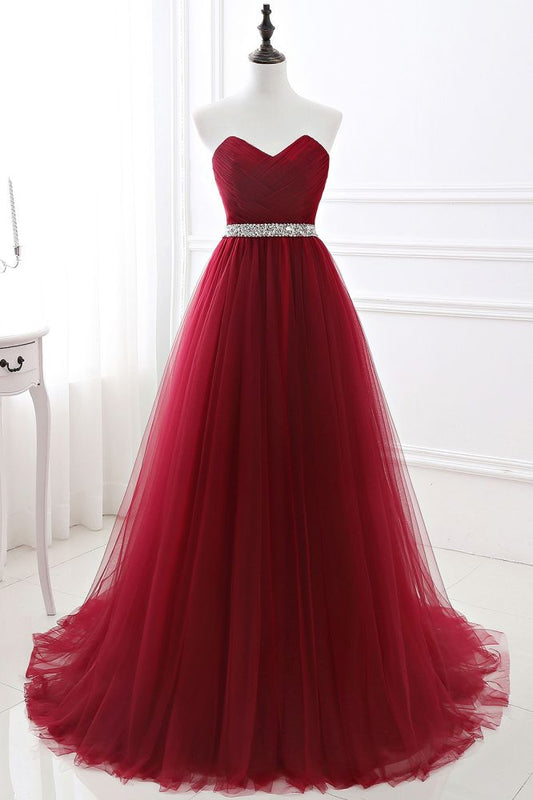 Vestido de fiesta de tul burdeos con escote en forma de A y escote en forma de corazón