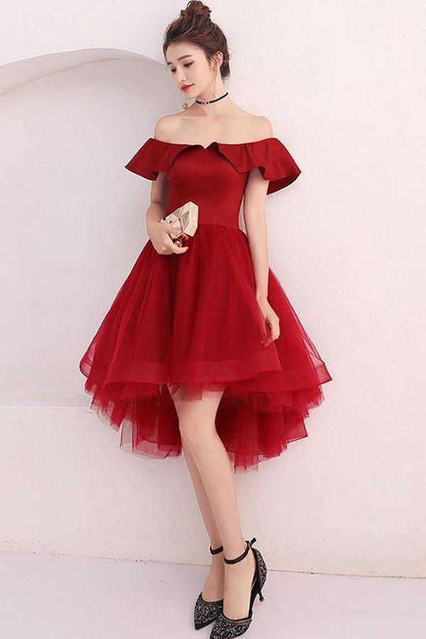 Burgunderrotes, schulterfreies, kurzes Ballkleid aus Tüll Burgunderrotes Homecoming-Kleid PD220