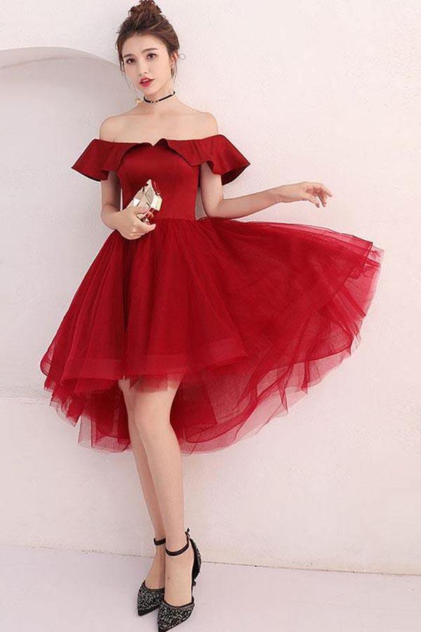 Burgunderrotes, schulterfreies, kurzes Ballkleid aus Tüll Burgunderrotes Homecoming-Kleid PD220