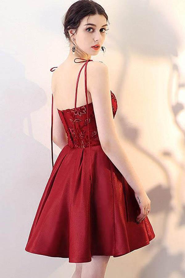 Burgunderrotes kurzes Ballkleid mit V-Ausschnitt und Spitze, Homecoming-Kleid, PD142