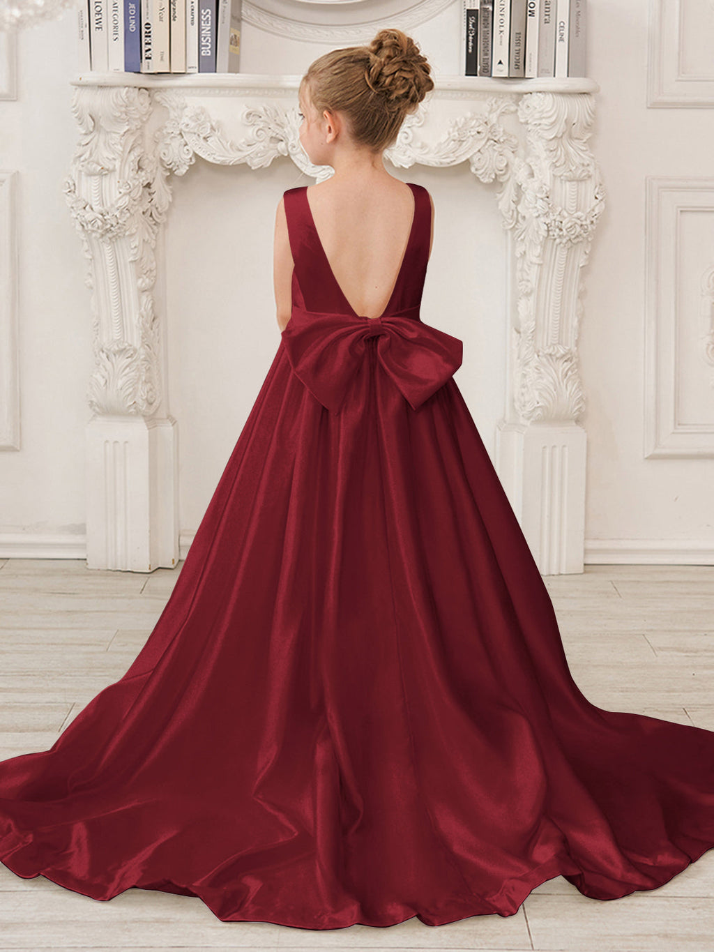 A-Linie Prinzessin Ärmelloses Satin Blumenmädchenkleid mit Schleppe und Schleife 
