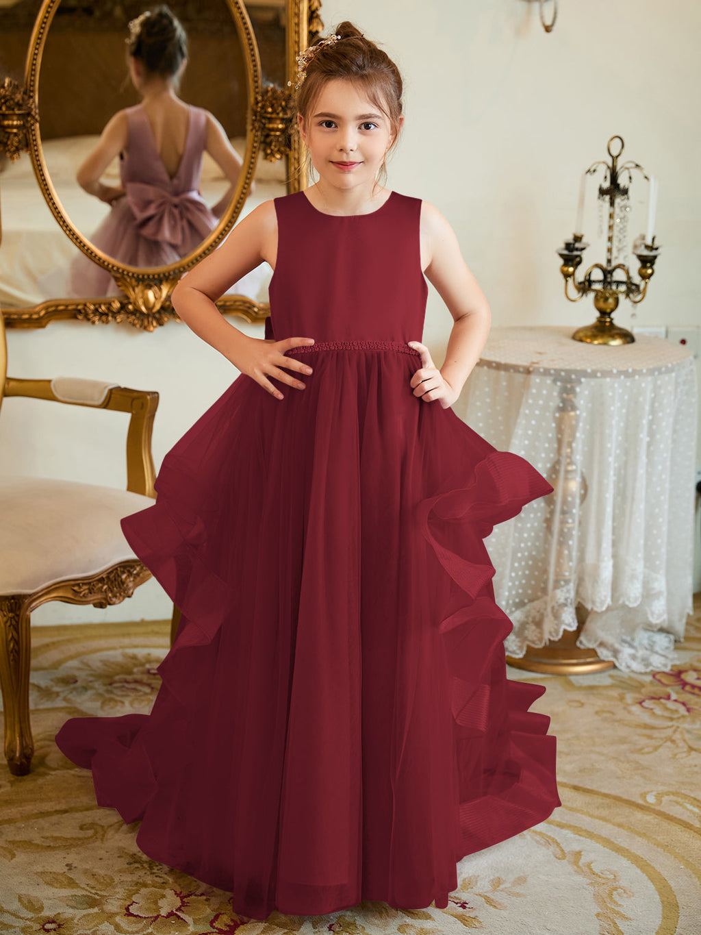 Duchesse-Linie/Princess-Linie Satin Tüll Bodenlang Blumenmädchenkleid 