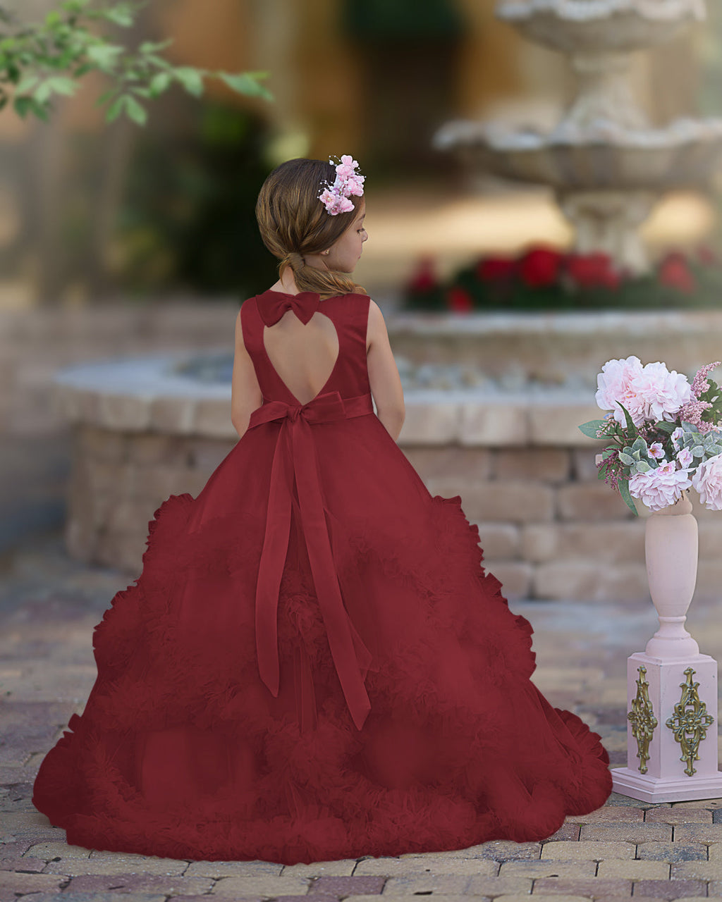 A-Linie Satin Tüll Bodenlang Kaskadierende Rüschen Blumenmädchenkleid