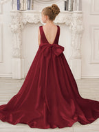A-Line Princess Sleeveless Satin Flower Girl Dress with Sweep Train and Bow