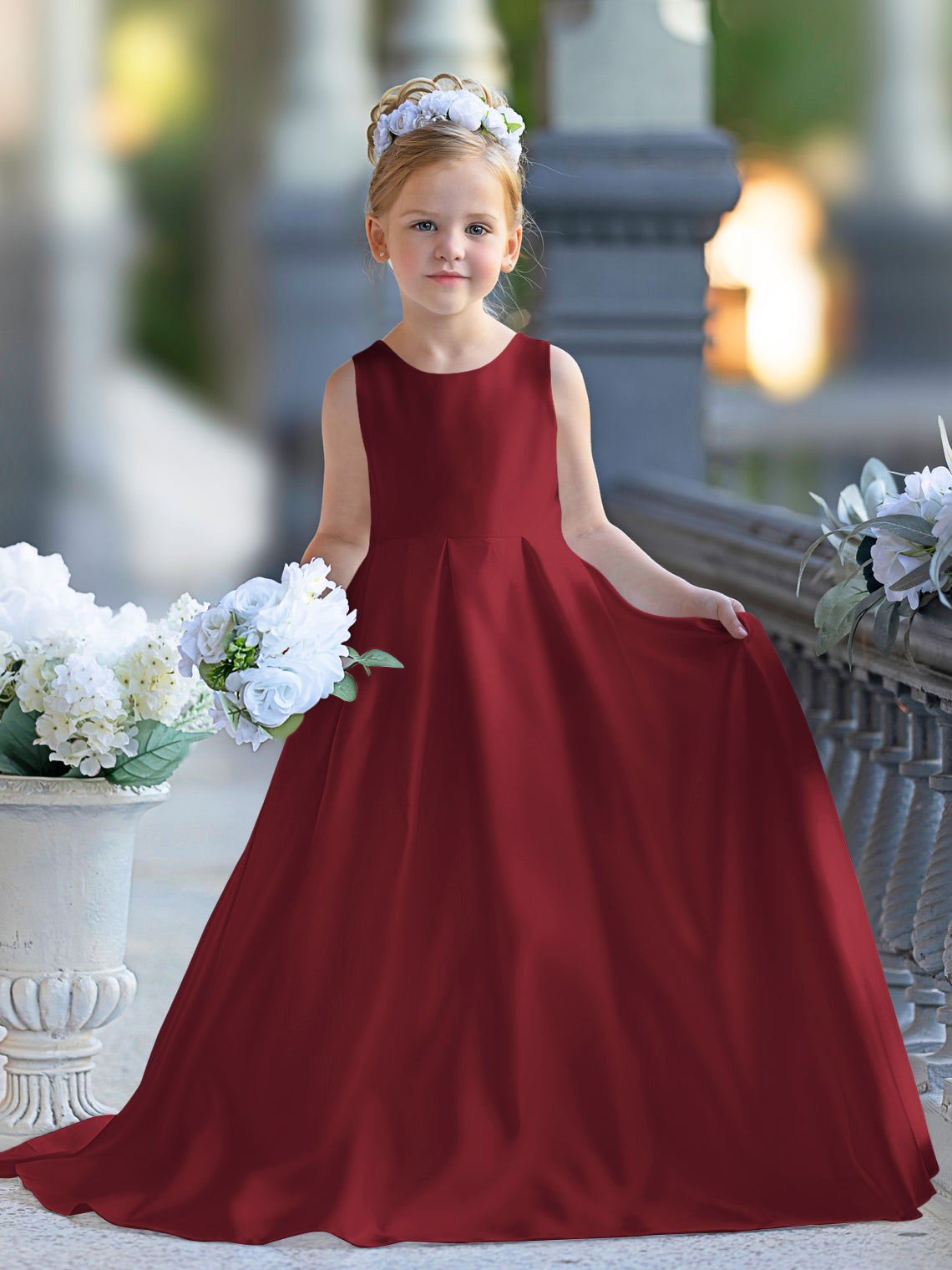 A-Linie Spitze Satin Bodenlang Erstkommunionkleid für Blumenmädchen 