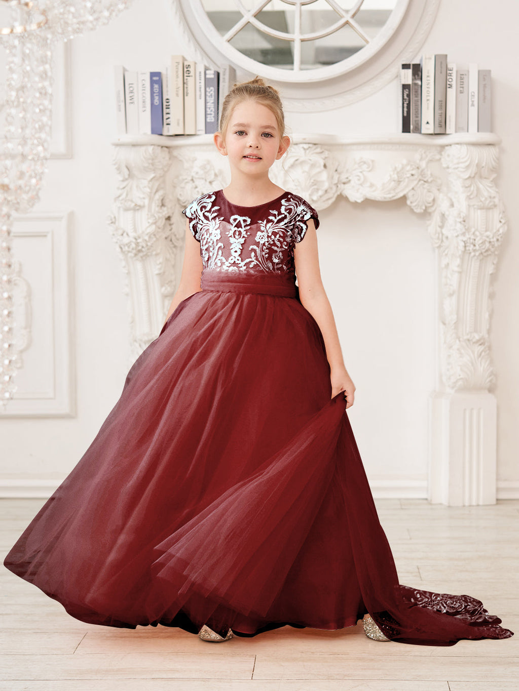 A-Linie Spitze Tüll Sweep Schleppe Rosa Blumenmädchenkleid 
