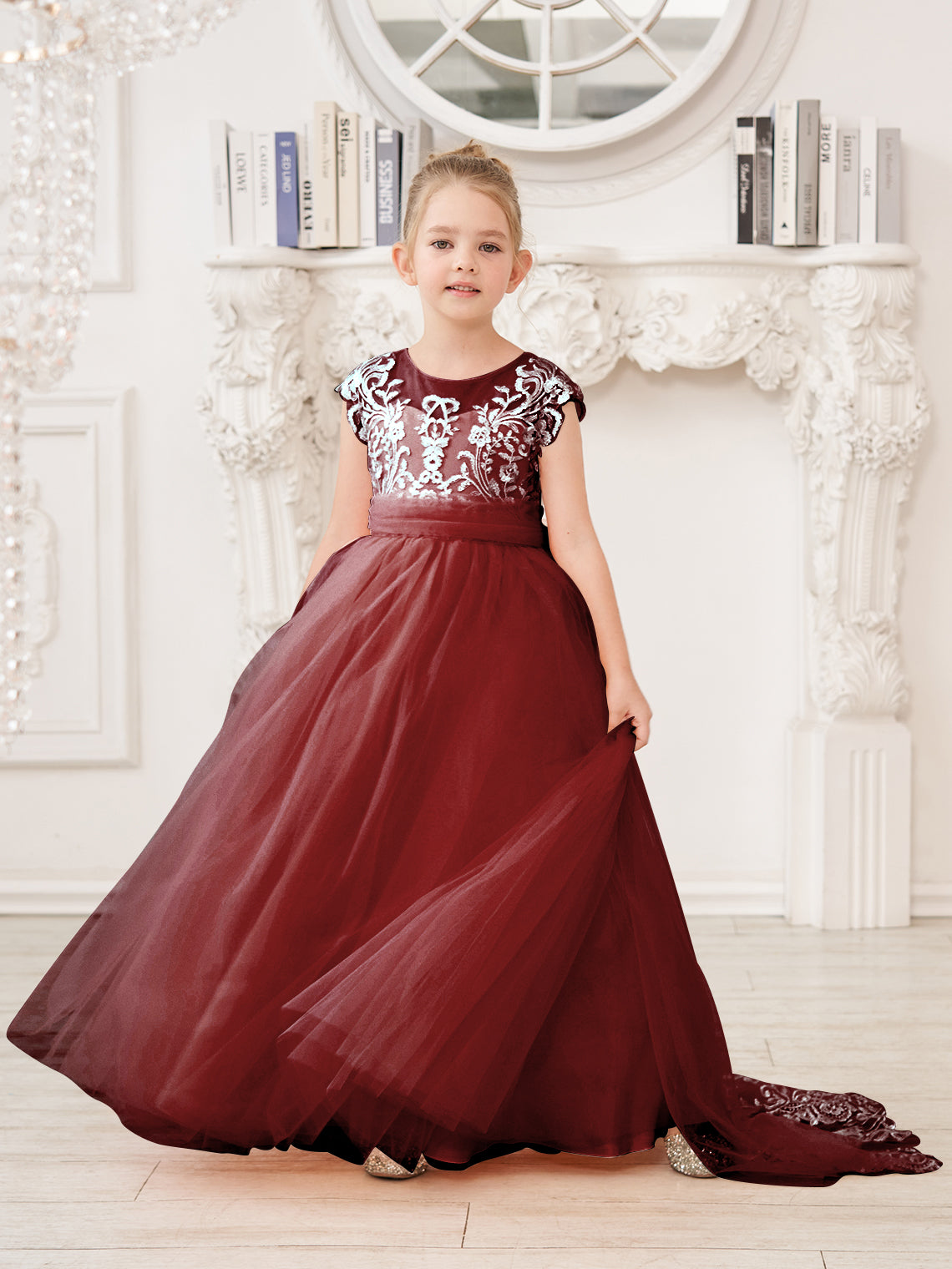 A-Linie Spitze Tüll Sweep Schleppe Rosa Blumenmädchenkleid 