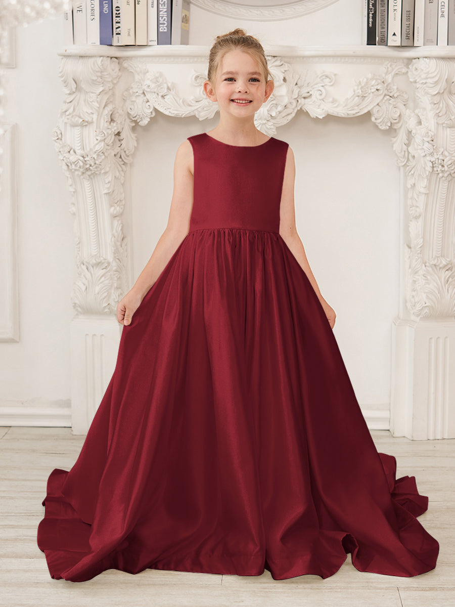 A-Linie Prinzessin Ärmelloses Satin Blumenmädchenkleid mit Schleppe und Schleife 