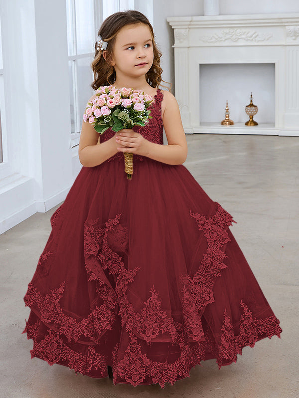 Ärmelloses Prinzessinnen-Tüllkleid mit Spitzenapplikationen und Schleppe für Mädchen