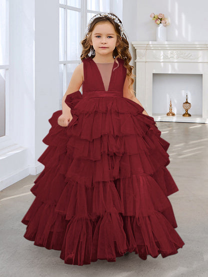 Vestido de fiesta/princesa rosa perla sin mangas con lazo de tul para niña de las flores