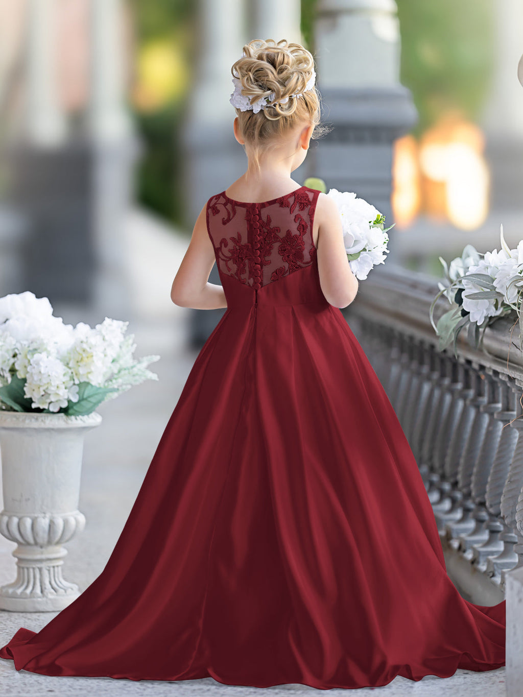 A-Linie Spitze Satin Bodenlang Erstkommunionkleid für Blumenmädchen 