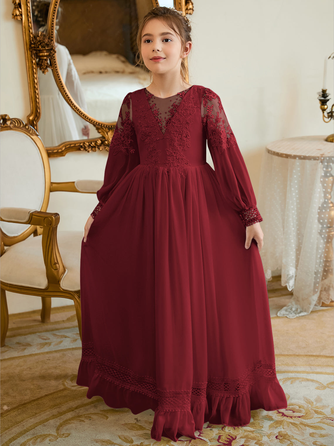 Bodenlanges Chiffon-Kleid in A-Linie und Elfenbein für die Erstkommunion 
