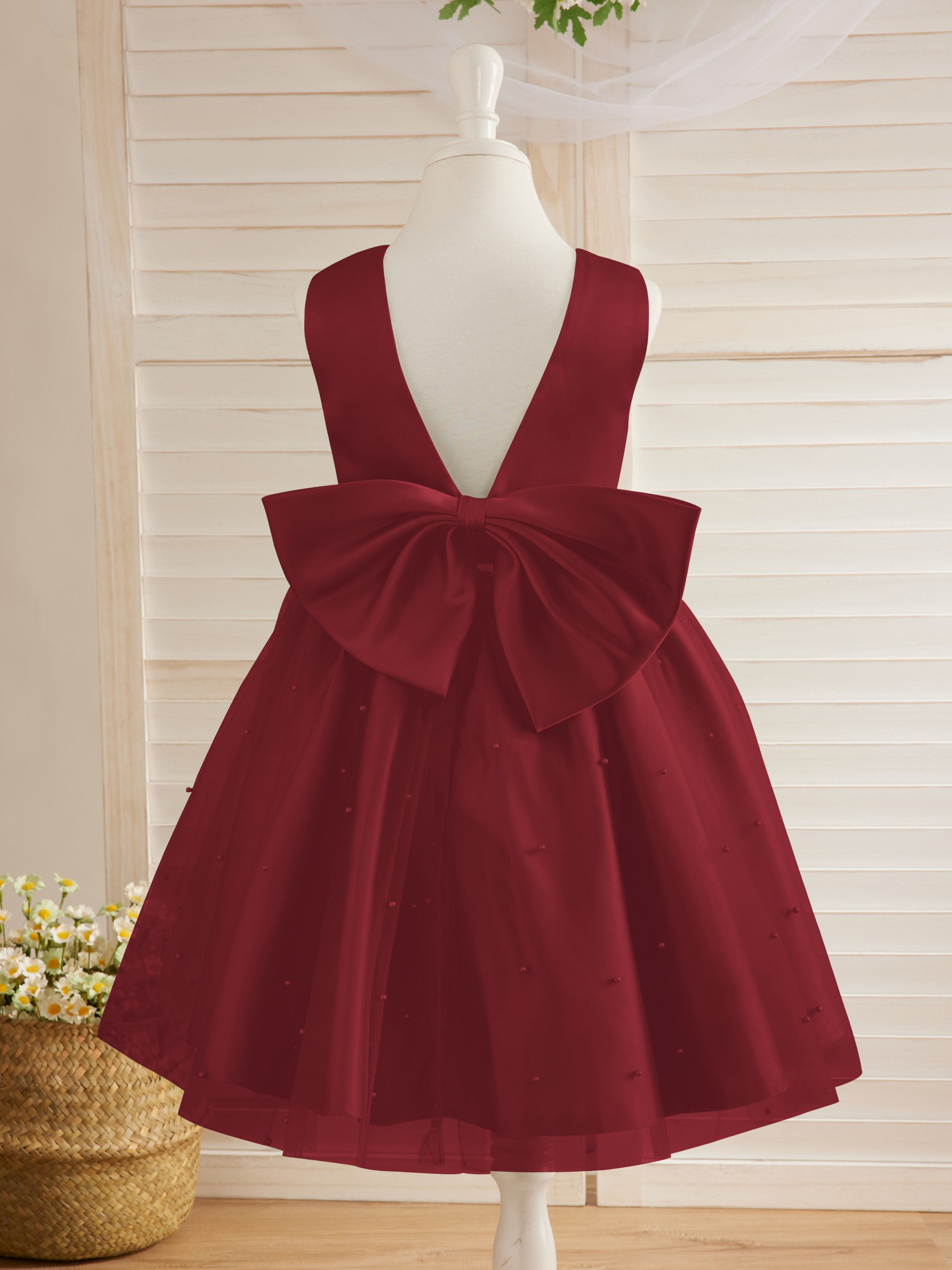 Vestido de niña de las flores de satén, tul y hasta la rodilla, estilo princesa