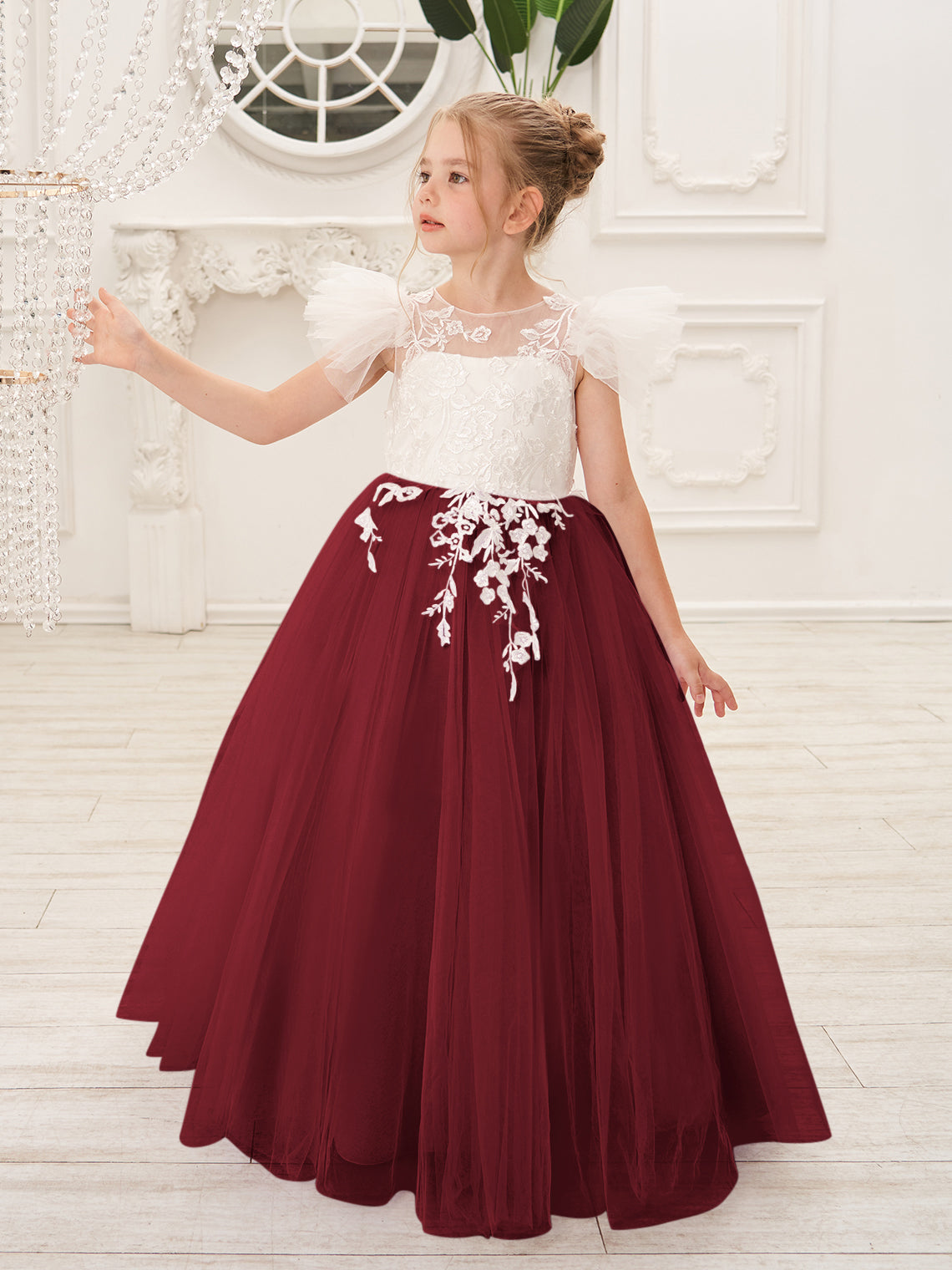 Abnehmbares Blumenmädchenkleid aus Spitze und Tüll mit Schleppe 