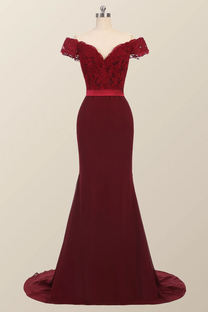 Lace Burgundy Bridesmaid Dress Off-the-Shoulder Mermaid Prom Dresses