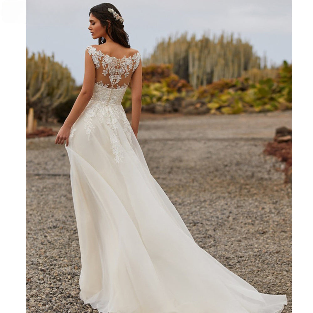 Simple A Line Wedding Dresses 2023 Sexy V Neck Sleeveless Lace Appliques Sweep Train For Women Bridal Gowns Buttons Back Robes-payinti