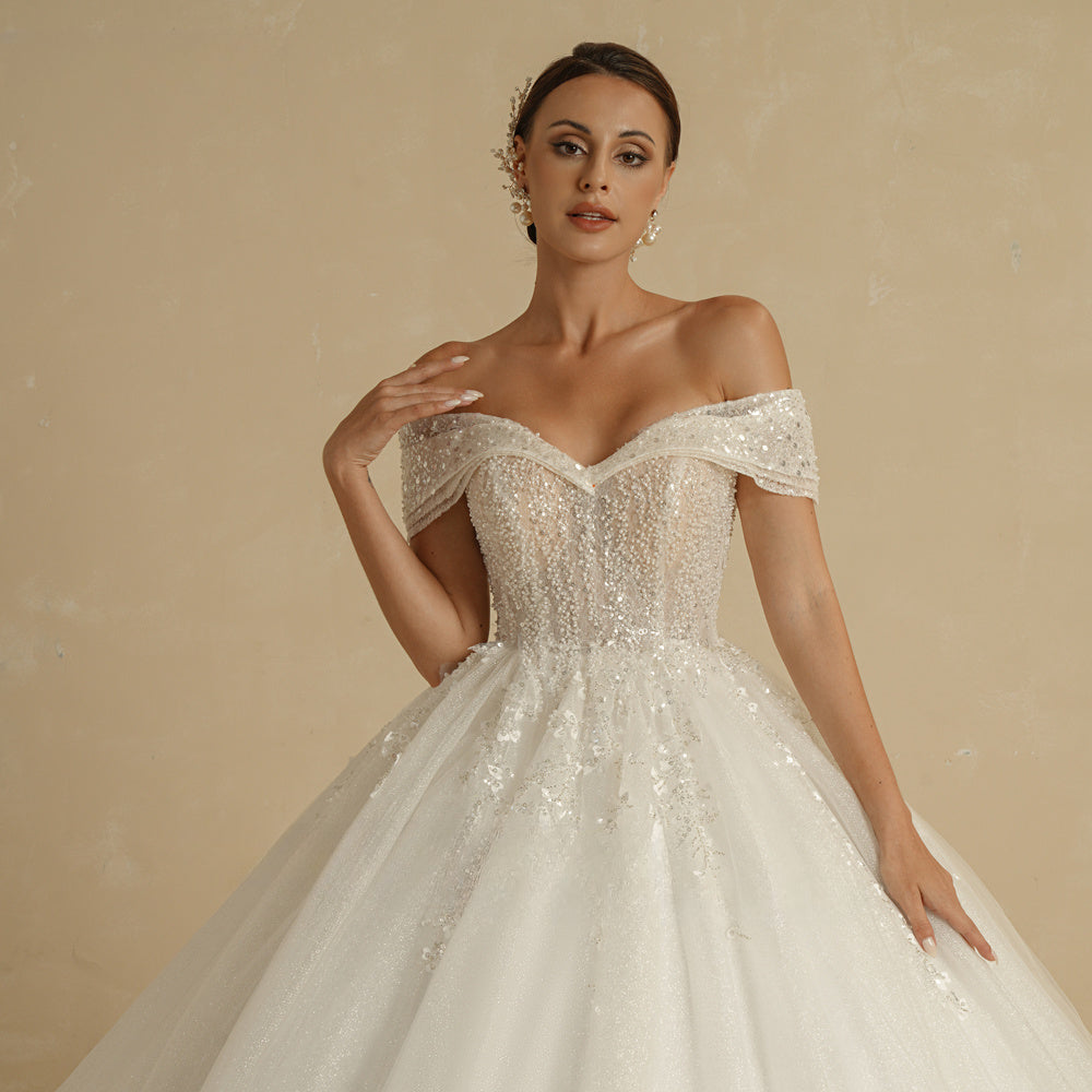 Ivory Beading Princess Wedding Dresses For Bride Off The Shoulder Sleeveless Women Glitter Ball Bridal Gown Robes-payinti
