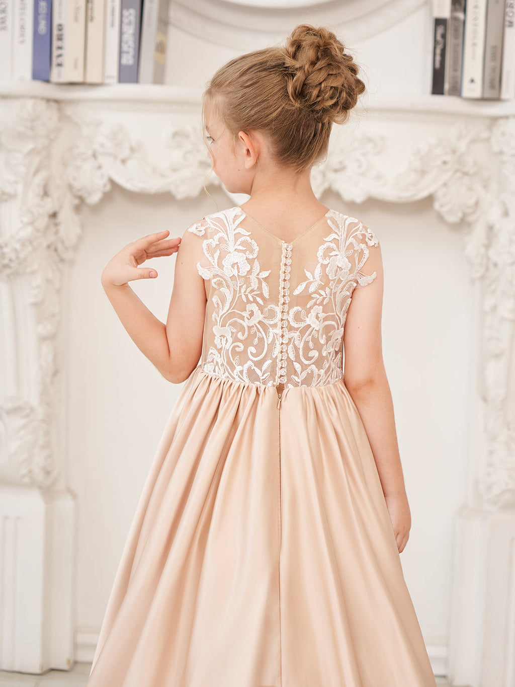 A-Linie Spitze Satin Bodenlang Blumenmädchenkleid 
