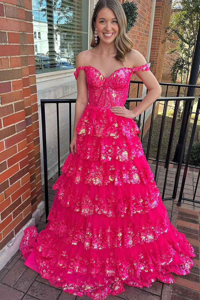 Leona | Vestido de fiesta de princesa con hombros descubiertos y encaje con lentejuelas