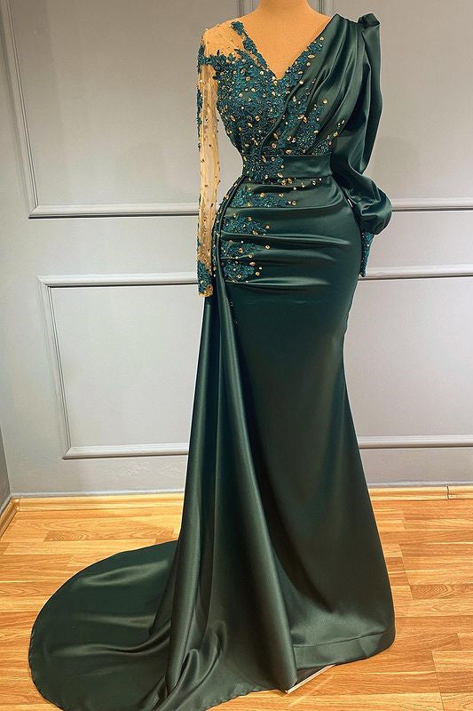Vestido de noche de sirena con escote en V, mangas largas y satén con cuentas, color verde oscuro