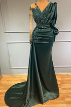 Vestido de noche de sirena con escote en V, mangas largas y satén con cuentas, color verde oscuro