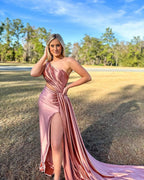 Charming Mermaid One Shoulder Satin Prom Dresses with Slit