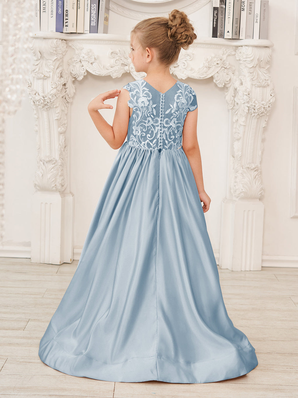 A-Linie Spitze Satin Bodenlang Blumenmädchenkleid 
