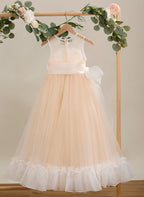 Vestido rosa de tul y organza con corte en A hasta el suelo (010226975)