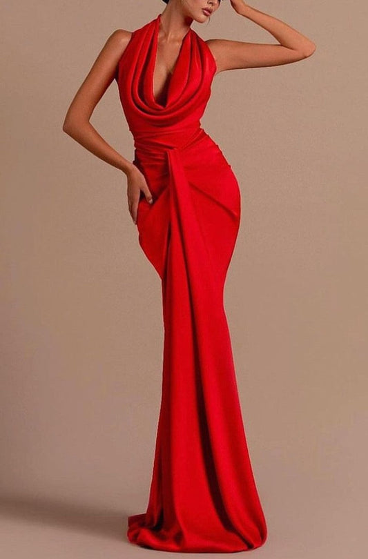 Vestido de fiesta de sirena con cuello halter sin mangas y espalda abierta atrevida