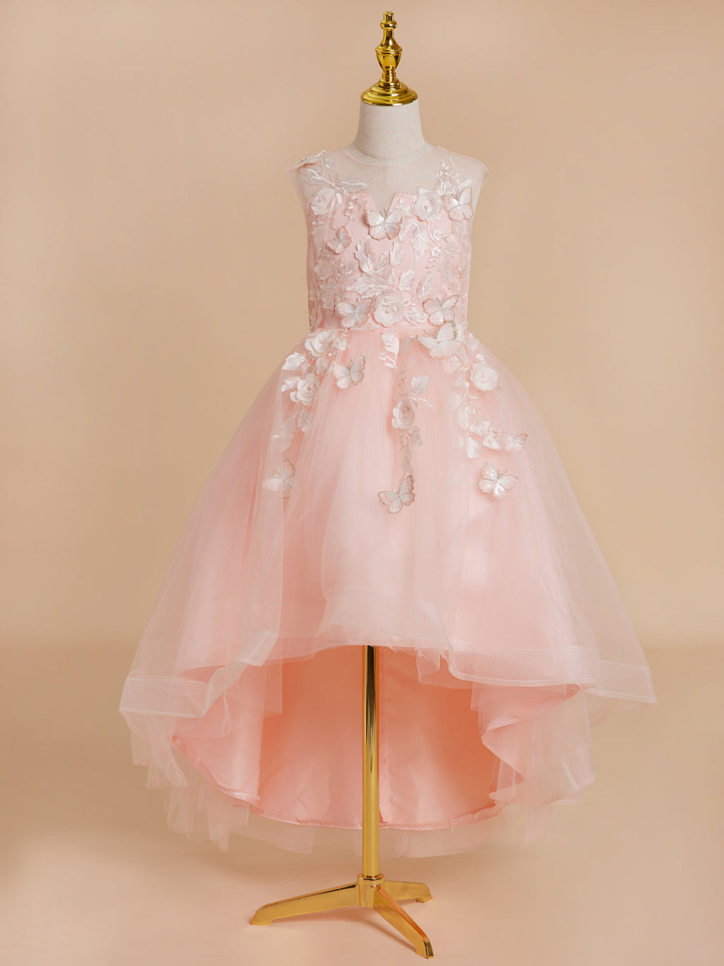 Duchesse-Linie/Princess-Linie Tüll Asymmetrisch Rosa Blumenmädchenkleid 