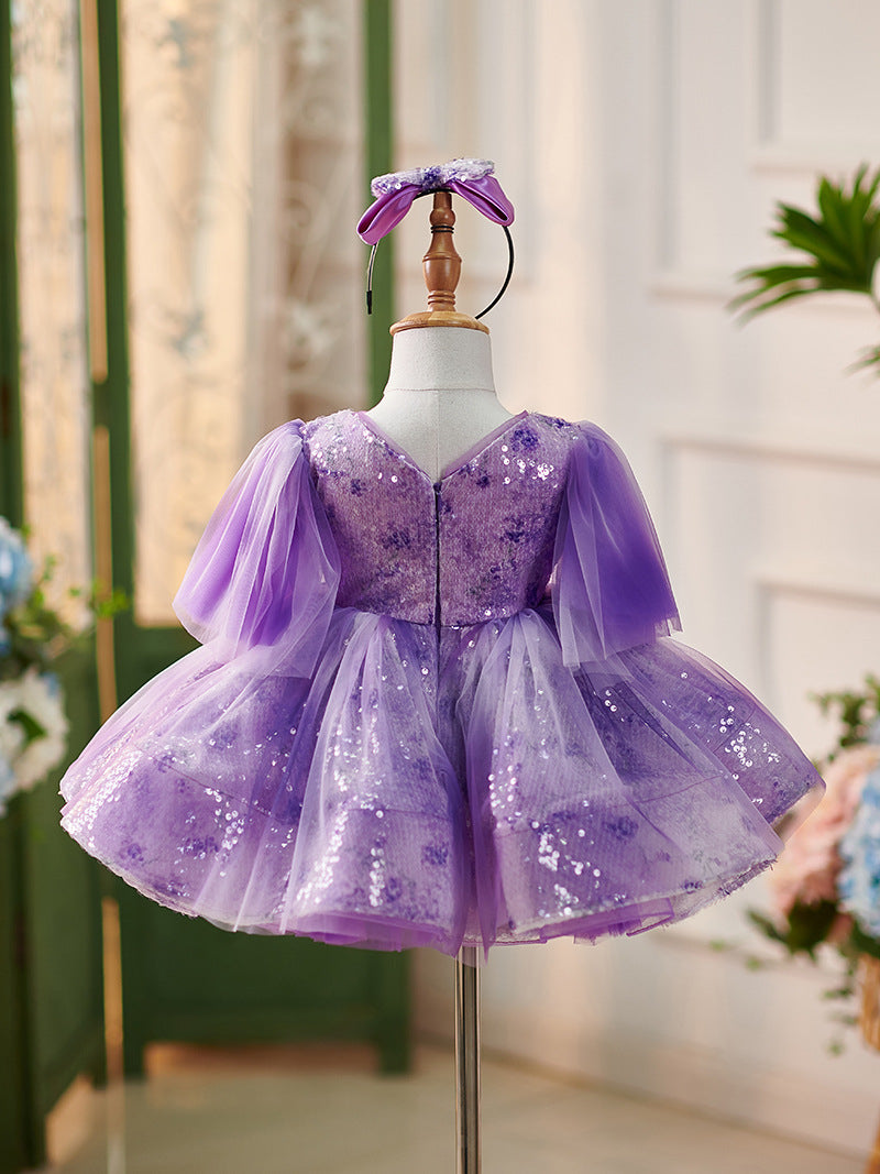Lila Pailletten Tüll Knielanges Baby Mädchen Kleid 