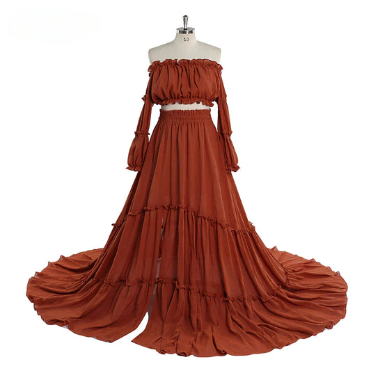 Elegantes schulterfreies Umstandskleid für Fotoshootings, langes Boho-Maxikleid mit elastischer Taille, Fotografiekleid SY220912 